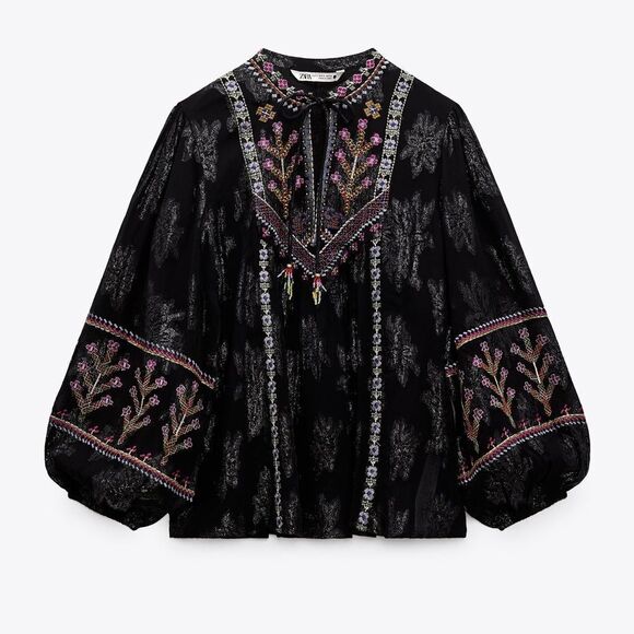 ZARA EMBROIDERED JACQUARD BLOUSE - Picture 5 of 14